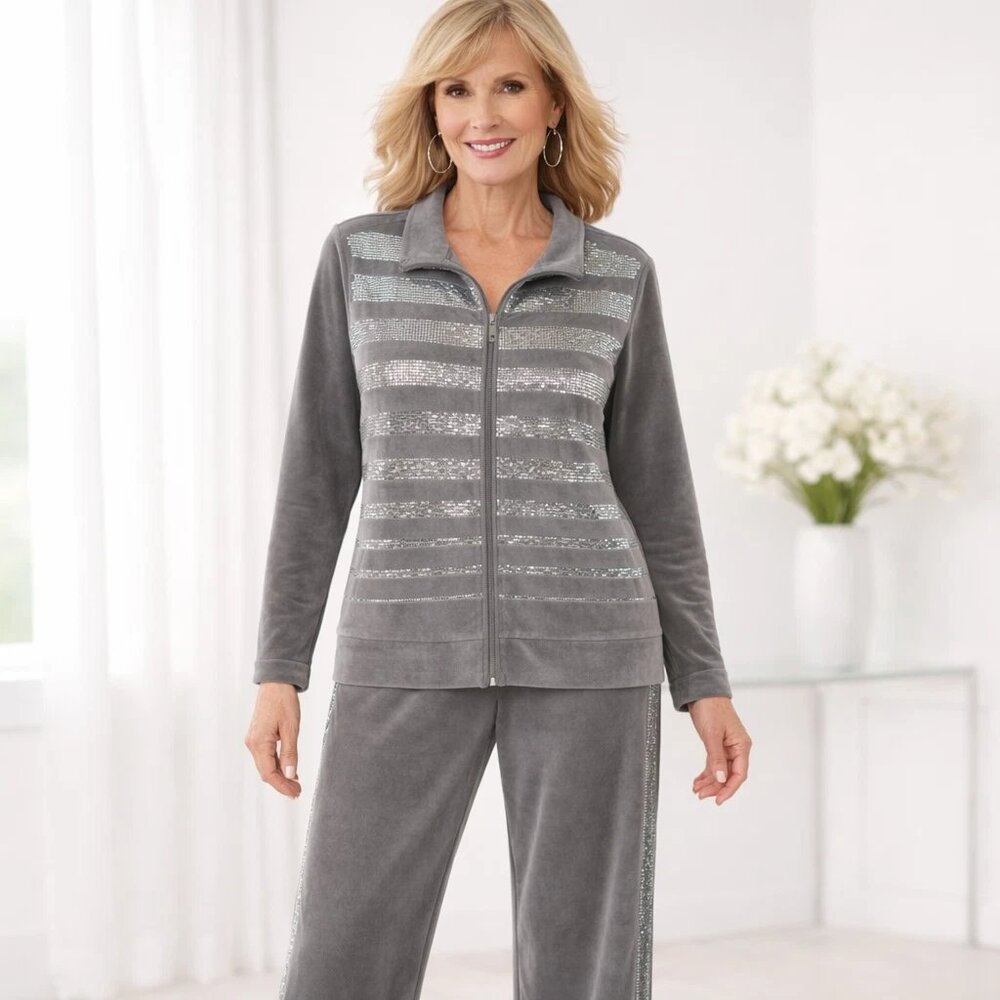 Midnight Velvet Gray Sequin Velour 2‑Pc Zip Jacket Pant Set Women’s L Soft Glam